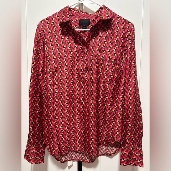 J. Crew Tops - J. Crew 100% Silk Button Up Geometric Print Collared‎ Long Sleeves Size 10